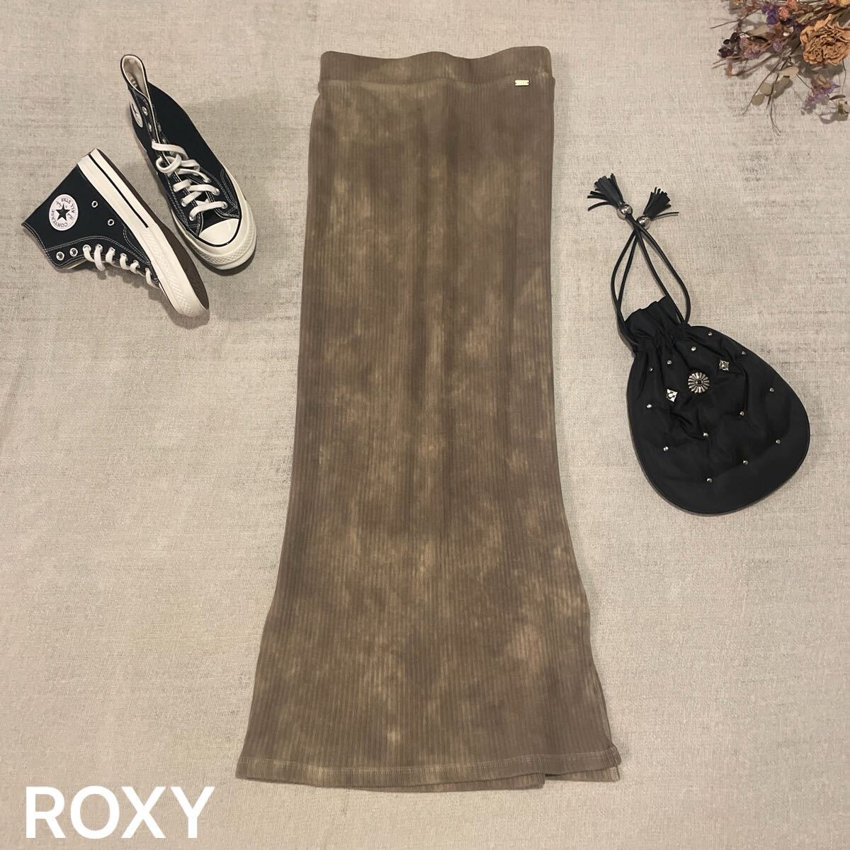 ROXY ロングスカート MIX UP SKIRT リブニットソー タイダイ柄 ブラウン Mサイズ マキシスカート ボトムス ロキシー スリット 美品拍卖