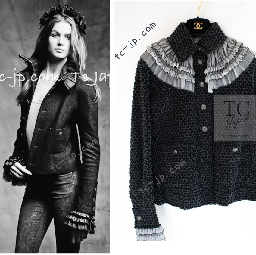 シャネル ジャケット CHANEL チャコールグレー ブラック 黒 ラッフル オーガンジー フリル カール・ラガーフェルド 超美品 38 【約9号/M】拍卖