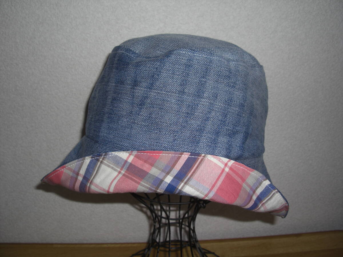 ★ハンドメイド リメイクバケット帽 リバーシブル 青デニム&ピンク青アイボリーチェック拍卖