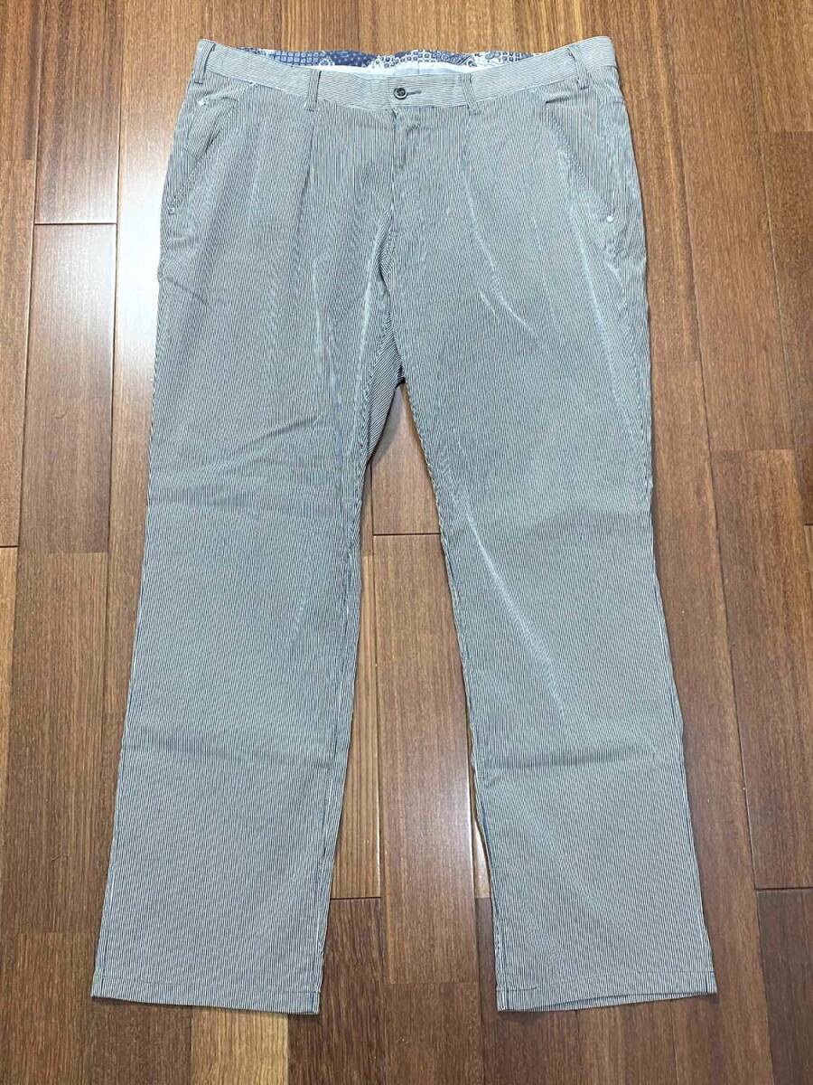 ★正規品 超美品!INTERMEZZO【インターメッツオ】ワッシャーストライプ ピケ ストレッチパンツ グレー W96 大きいサイズ 定価22800円拍卖