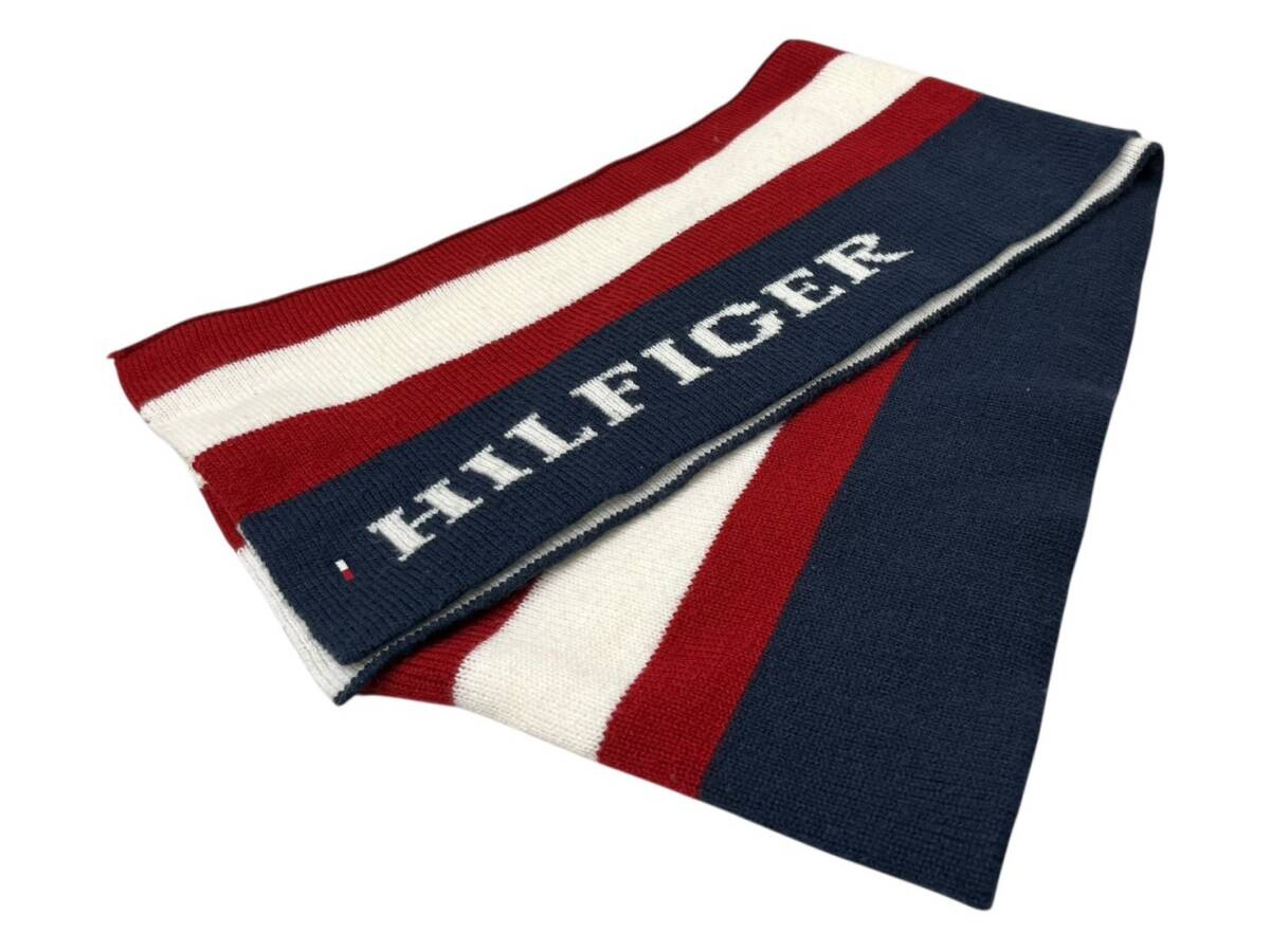 TOMMY HILFIGER (トミーヒルフィガー) ストライプ マフラー ウール ニット ビックロゴ ネイビー メンズ/025拍卖