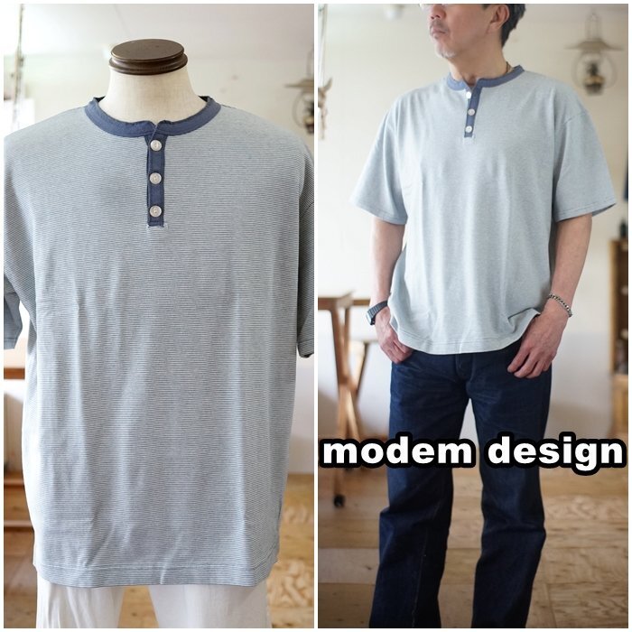 modemdesign モデムデザイン 半袖Tシャツ ボーダー ヘンリーネックメンズ カットソー 2501262 サイズM拍卖