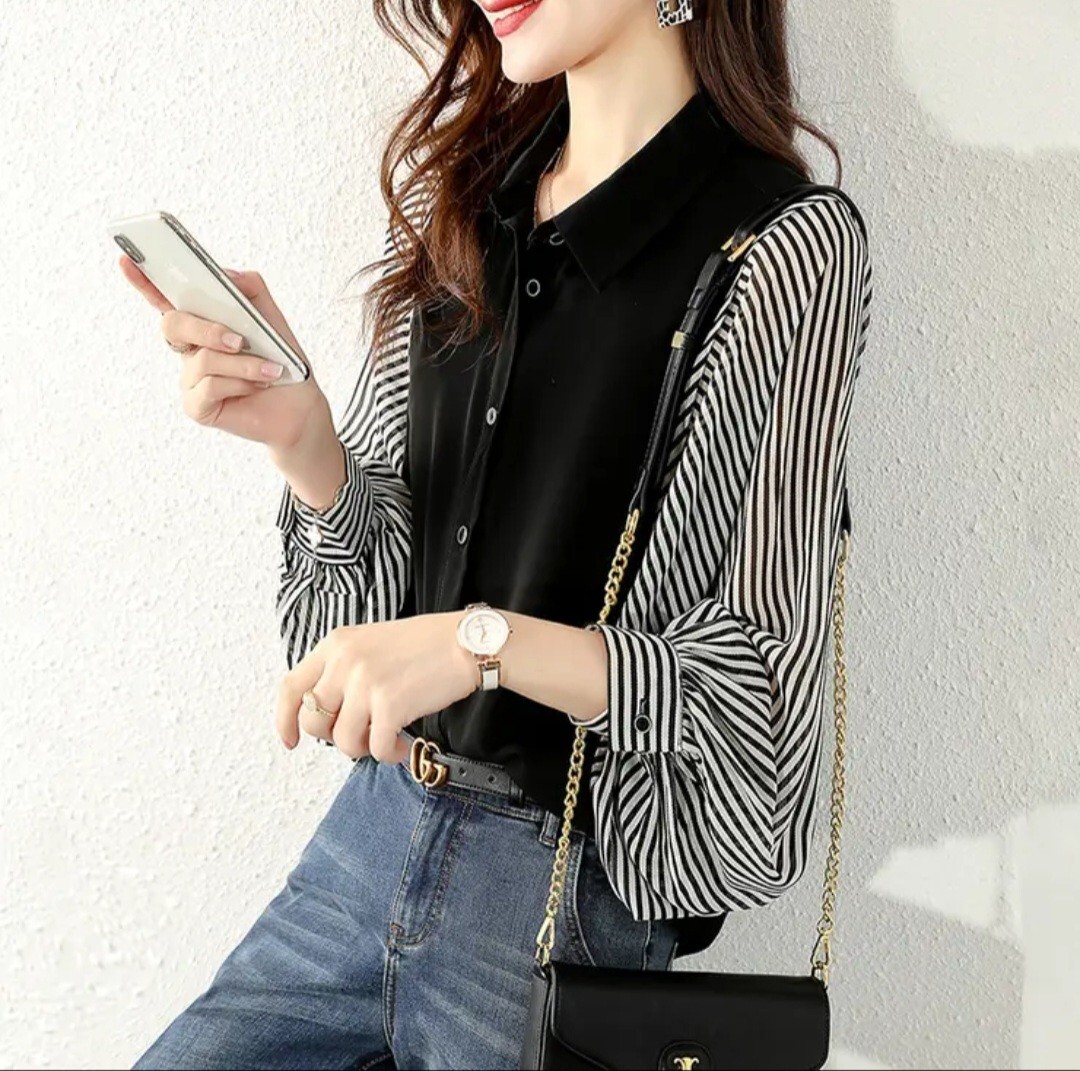 シャツブラウス ストライプ切り替え ボリューム袖ブラウス拍卖