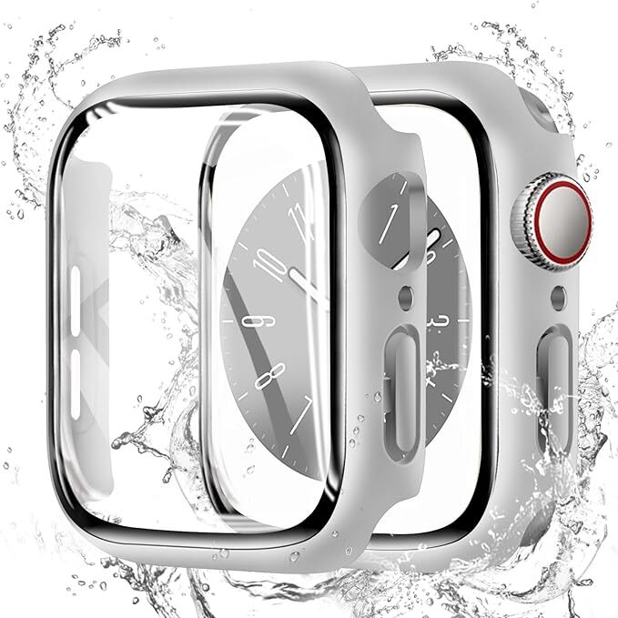 CAERMA for Apple Watch ケース Series 10/9/8/7/SE2/SE/6/5/4 44mm 超薄型 for アップルウォッチ カバー 防水 硬度9H強化ガラス シルバー拍卖