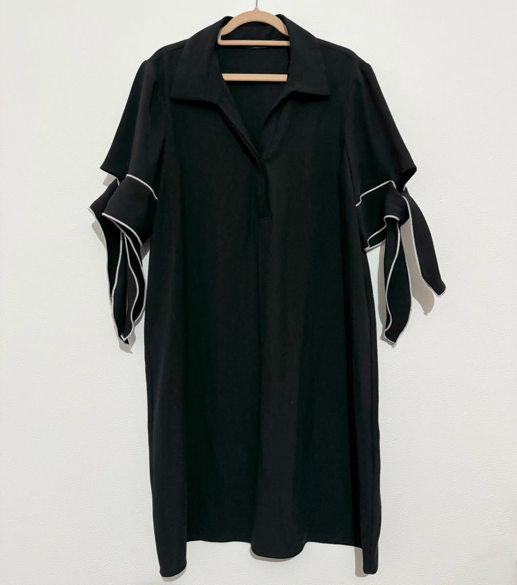 ●新品未使用● ZARA ワンピース / ザラ 黒 ブラック 袖 リボン 半袖 無地 スキッパー シャツ拍卖