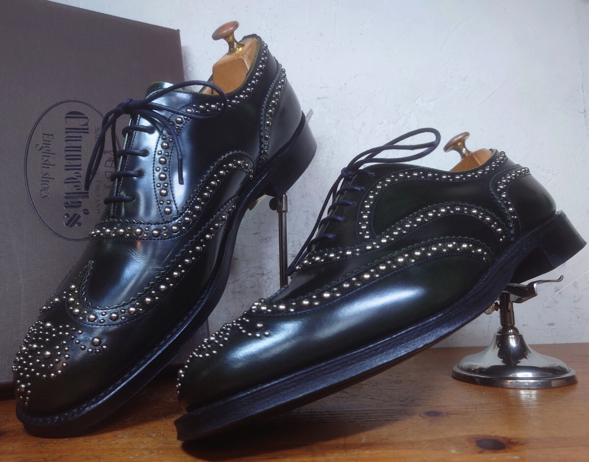 【極美品/送料無料】英国製 Church's/チャーチ 81Last BURWOOD スタッズ ウィングチップ 85F 27cm相応 グリーン 濃緑 made in england拍卖
