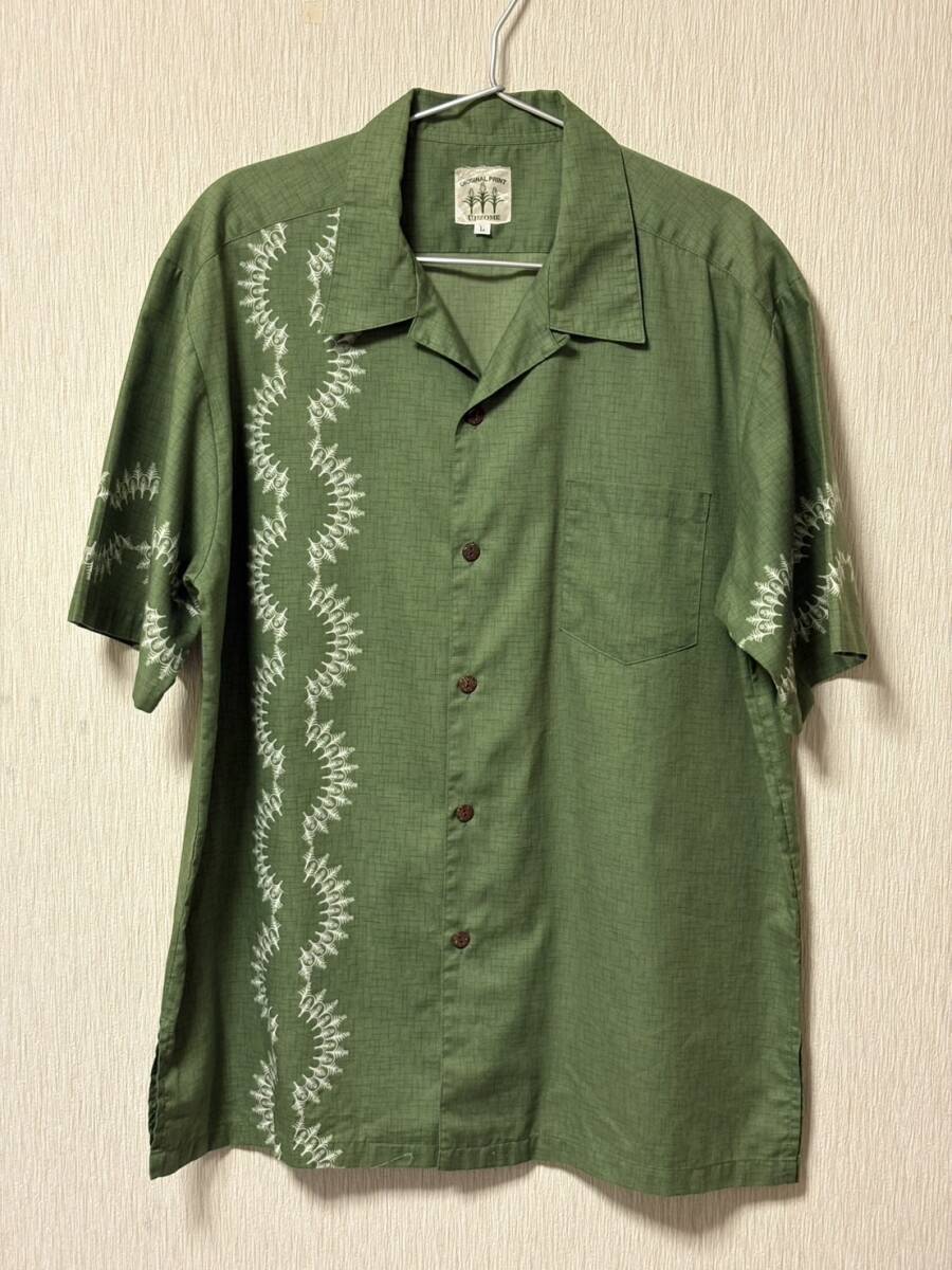 ●UJIZOME ウージ染め かりゆしウェア (L) 日本製 オープンカラーシャツ 緑 グリーン拍卖