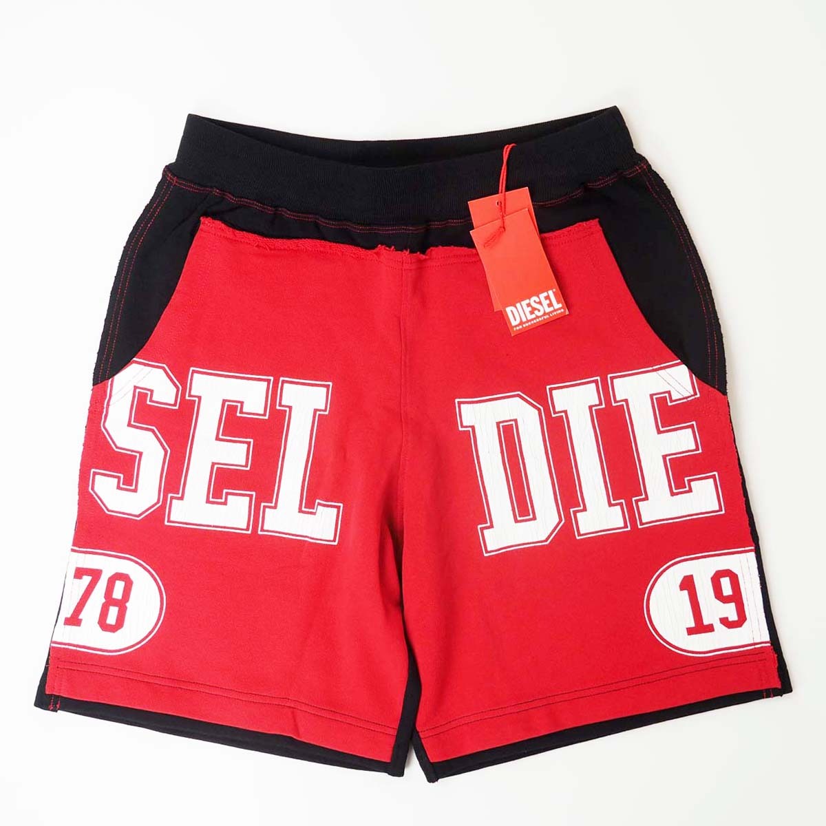 新品正規品 DIESEL ディーゼル P-MUSTIN バスケット ワイド ショートパンツ レッド×ブラック S拍卖