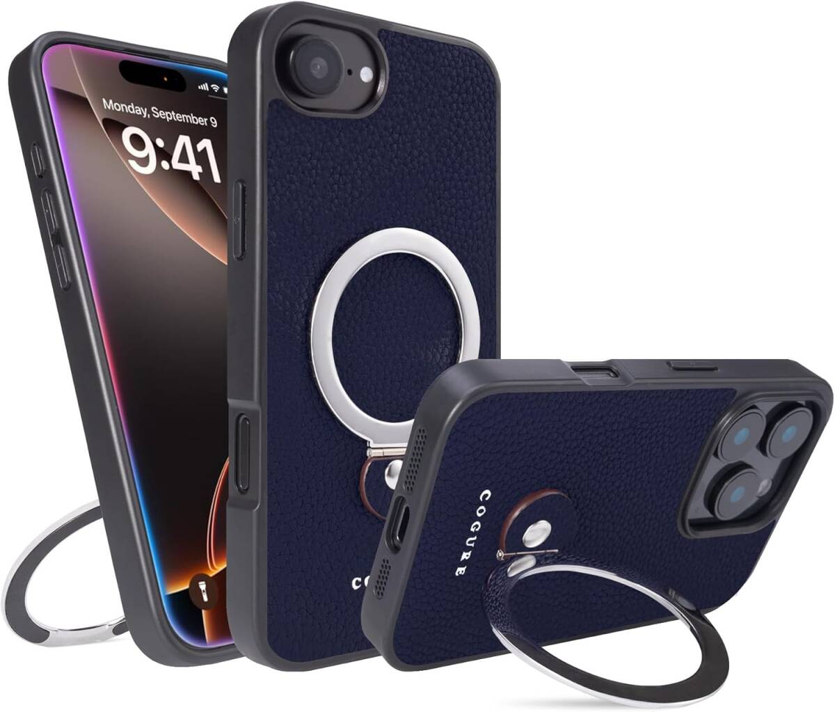 COGURE コグレ iPhone16e ケース 本革 リング付き 360度回転 スタンド機能 縦横両対応 MagSafe対応スマホケース 耐衝撃 ギフトボックス 黒拍卖