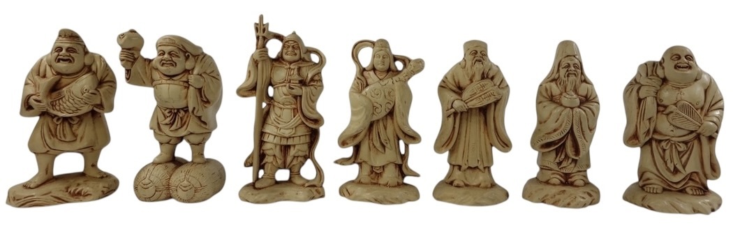 台湾工芸品 牛骨製 七福神 7体セット 置物 縁起物 1980年代 SHK706拍卖