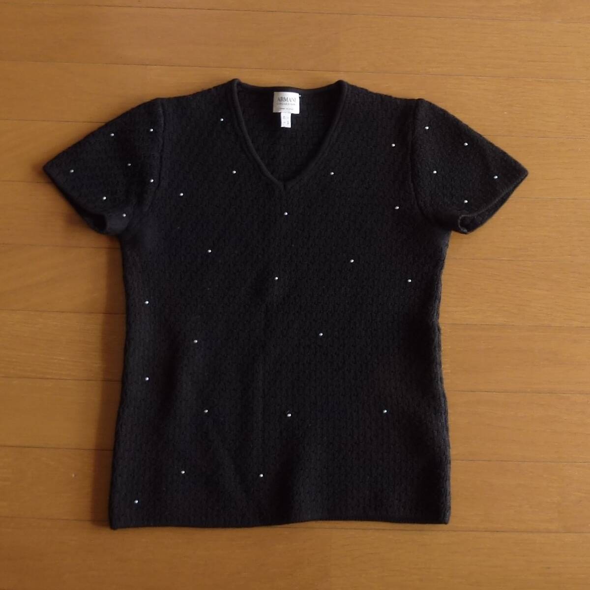 イタリア製 ARMANI COLLEZIONI アルマーニ コレツィオーニ 半袖 ウール ニット セーター ビジュー付き 黒 即決あり!拍卖