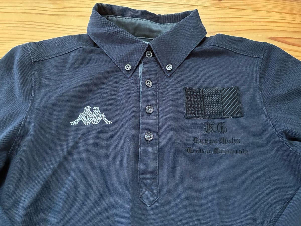 送料込み!! Kappa 長袖ポロシャツ ラインストーン ワッペン ケイパ カッパ Mサイズ GOLF ゴルフウェアー ボタンダウン 黒 拍卖
