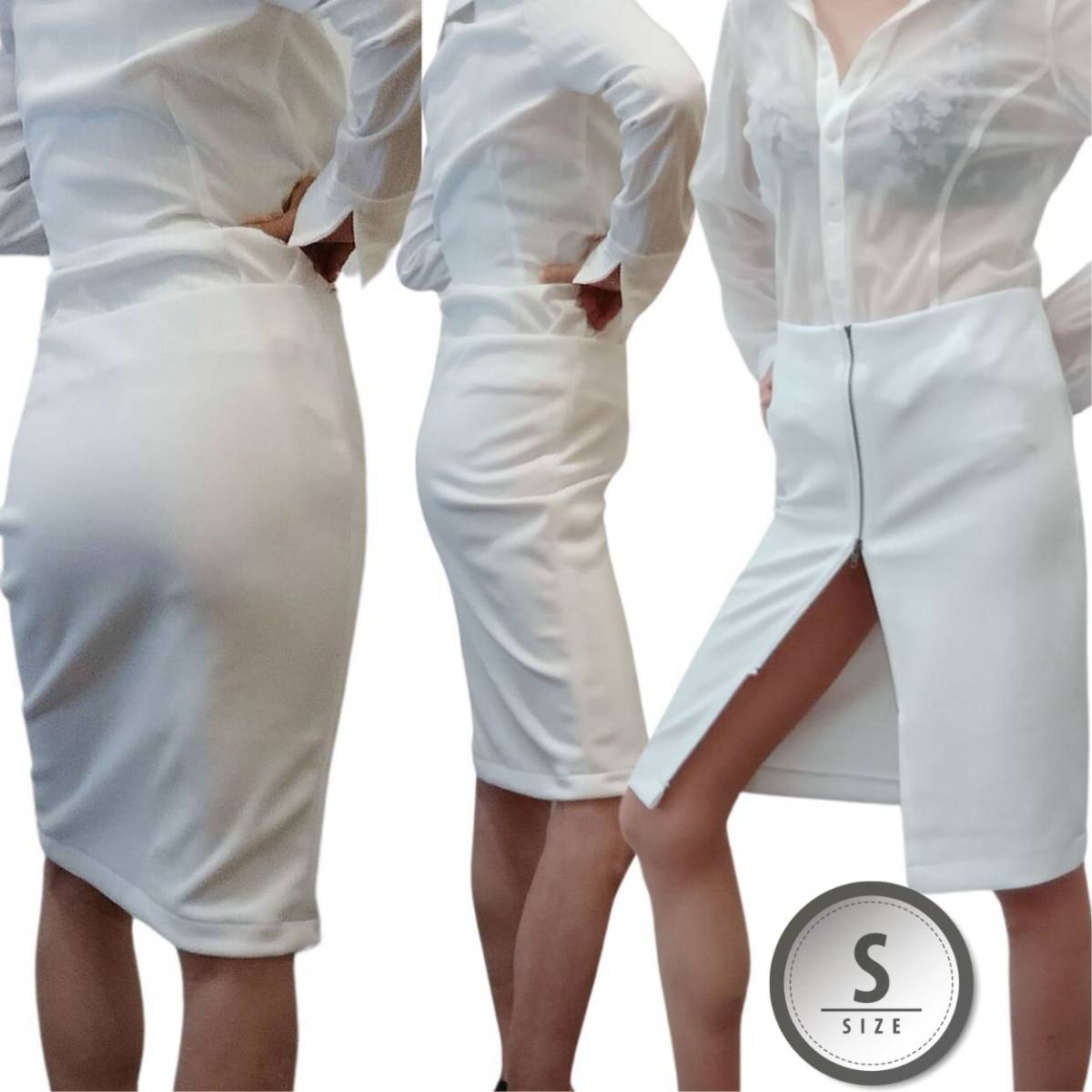 Sサイズ 白 ひざ丈スカート タイトスカート ペンシルスカート スリットスカート ミニスカート 透けるスカート OL 制服 made in Japan拍卖