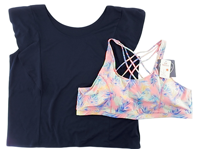 レディース水着 2点セット ヨガトップス 水陸両用 体型カバー 大きいサイズ 6L リーフ柄 ネイビー拍卖