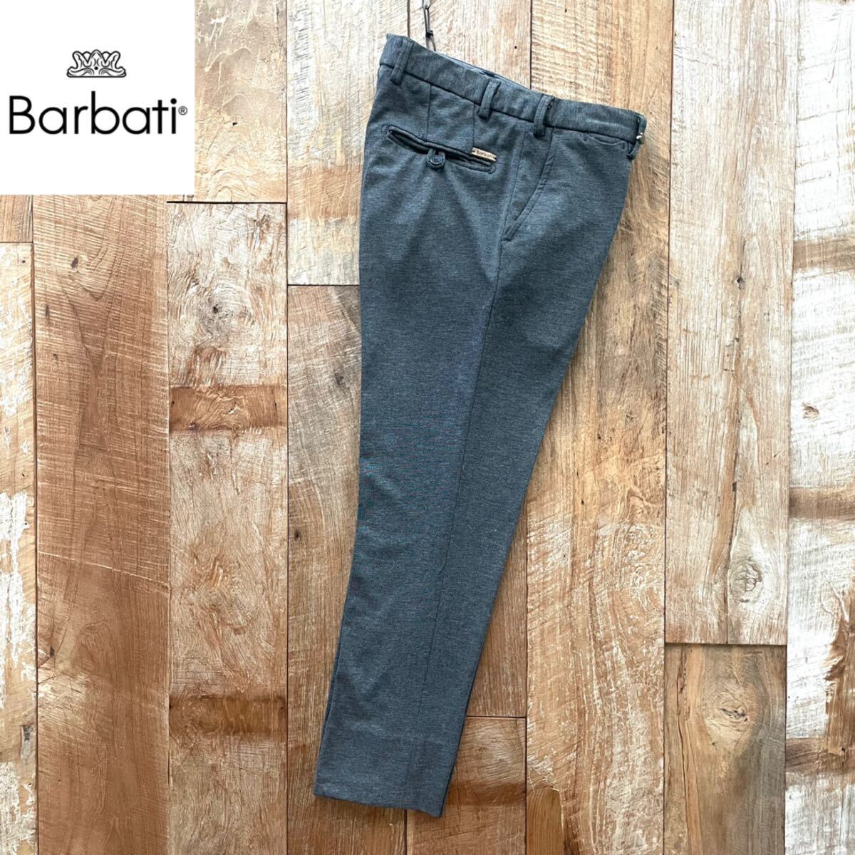 【美品】Barbati バルバッティ 麻混 テーパード ジャージー スラックス パンツ 44 グレー ストラスブルゴ取扱拍卖