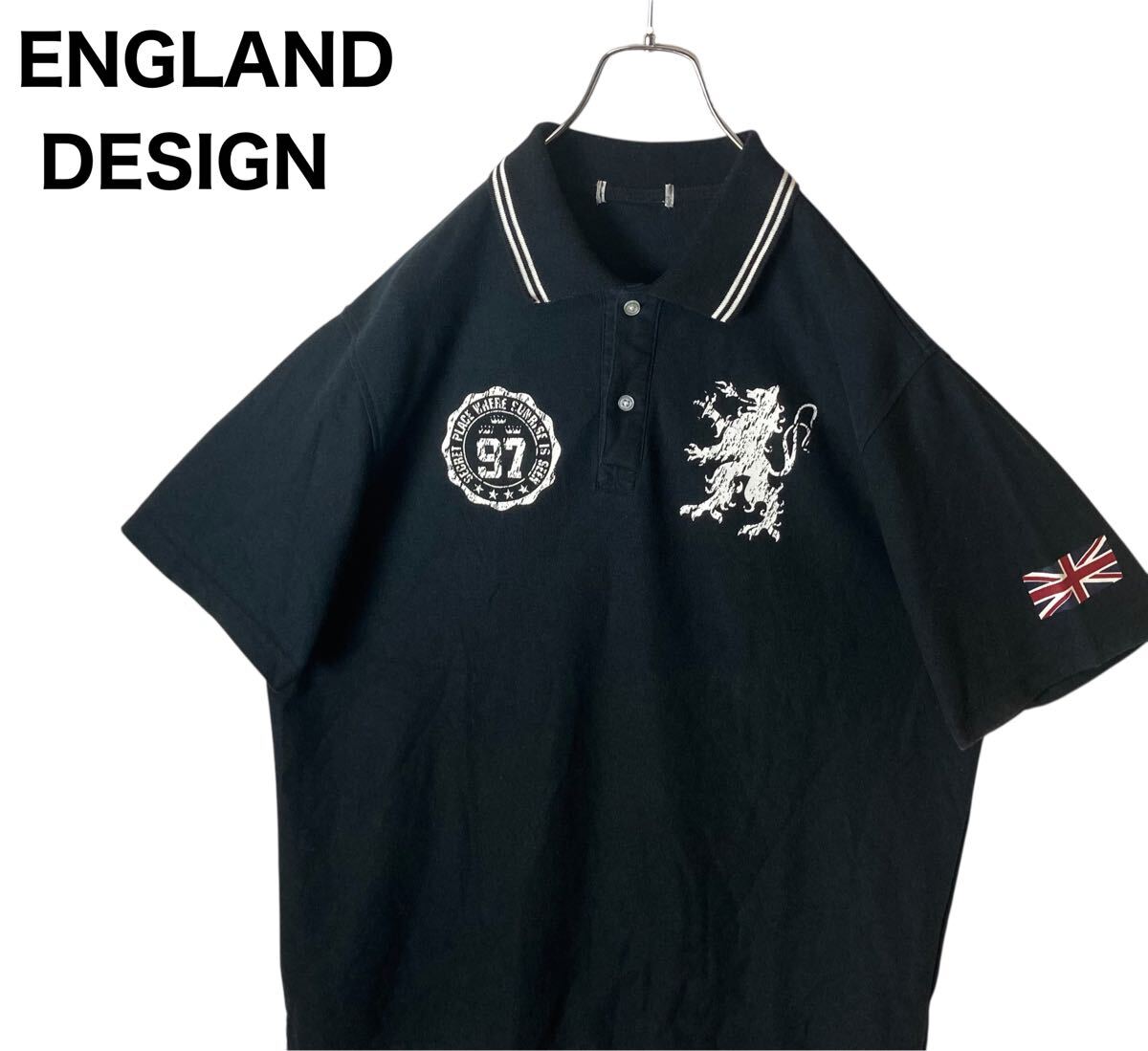 ユニオンジャック×イングランドデザインブラックポロシャツゆったりサイズ拍卖