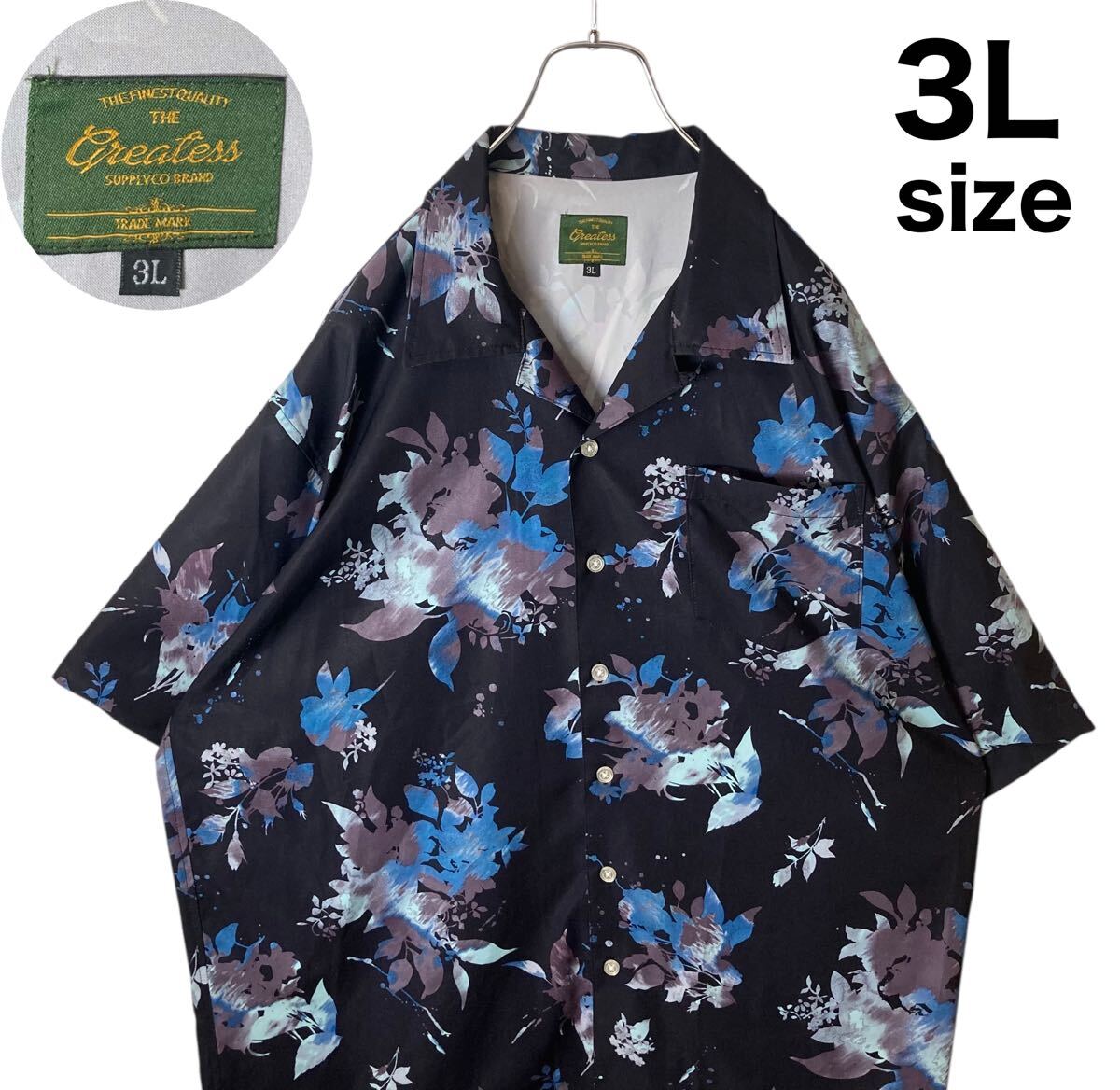 グッドデザイン古着ブラックベース花柄総柄デザインテロテロ素材半袖シャツ3Lサイズ拍卖