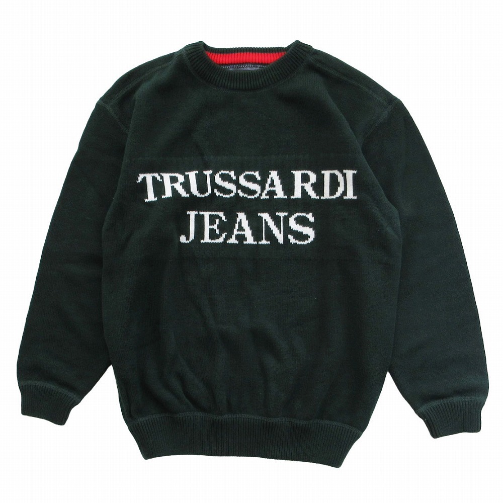 トラサルディ ジーンズ TRUSSARDI JEANS ロゴ コットン ニット セーター クルーネック 長袖 カットソー 48 L グリーン ur108 【中古】拍卖