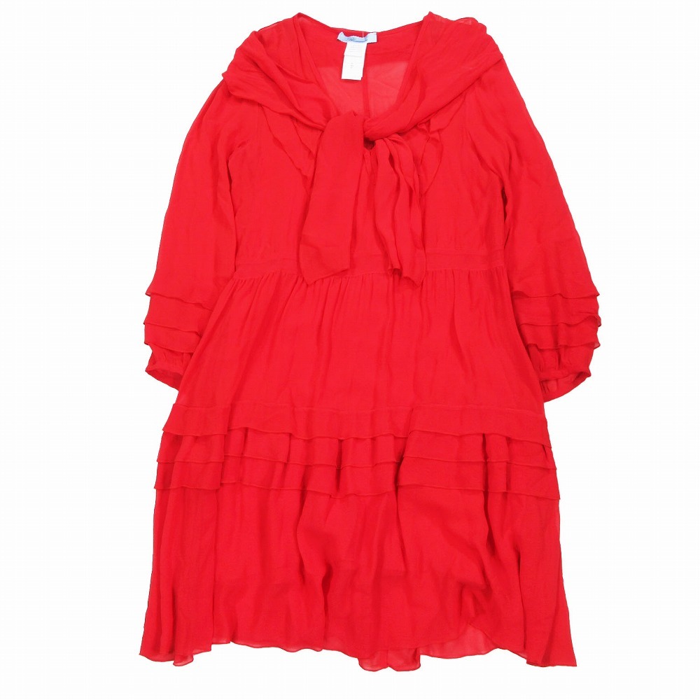 Blumarine ブルマリンシルク100% ボウタイリボン フリル Vネック ドレス ワンピース レッド レディース 【中古】拍卖