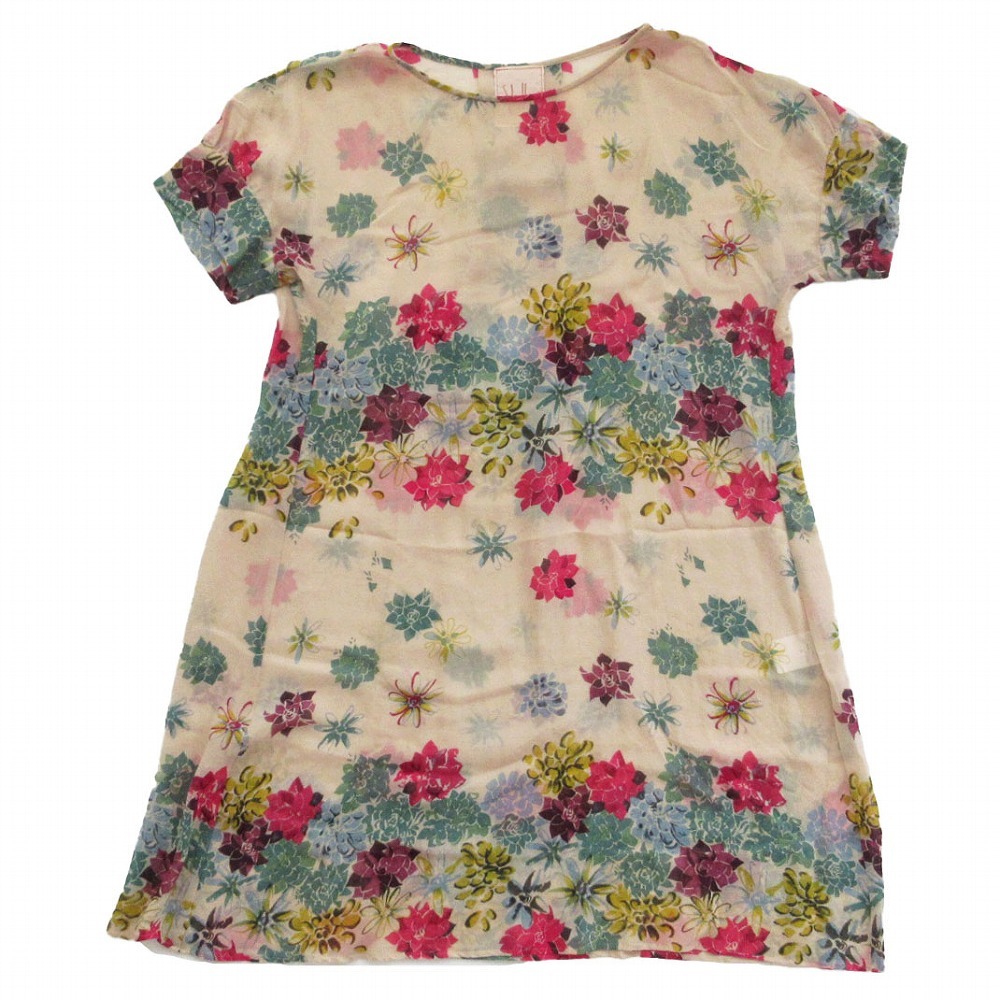 シビラ Sybilla シルク 100% 花柄 ワンピース シースルー 半袖 フラワー プリント ドレス M ベージュ ur119 【中古】拍卖