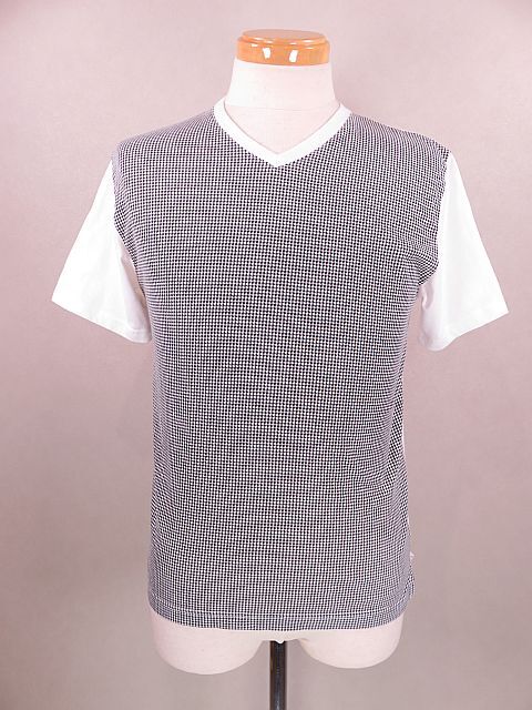 【送料無料】FICCE フィッチェ 半袖カットソー Vネック 千鳥格子 ドン小西 ストレッチ素材 黒 白 M拍卖