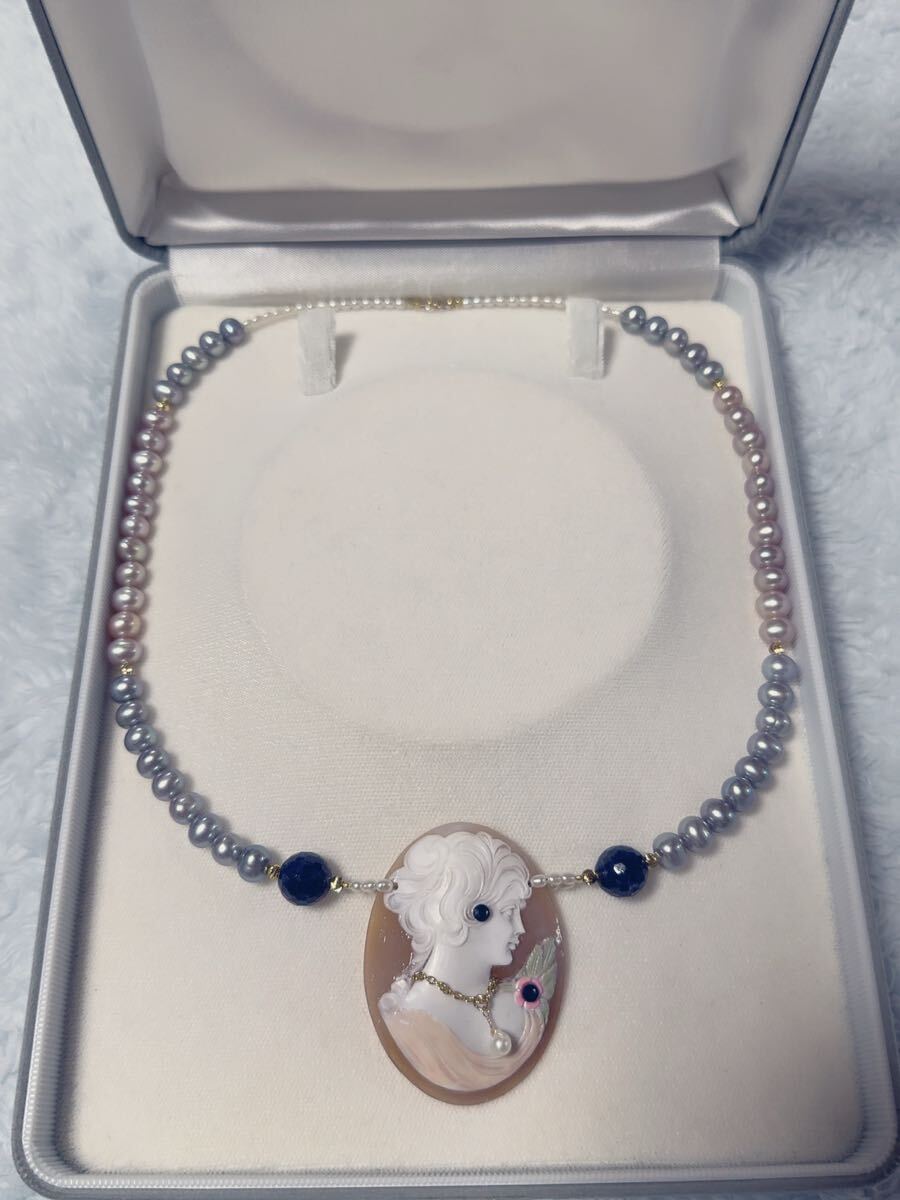 K18金パール&シェルカメオコンビデザインネックレス ミラーボールカットサファイア付き ネックレス拍卖