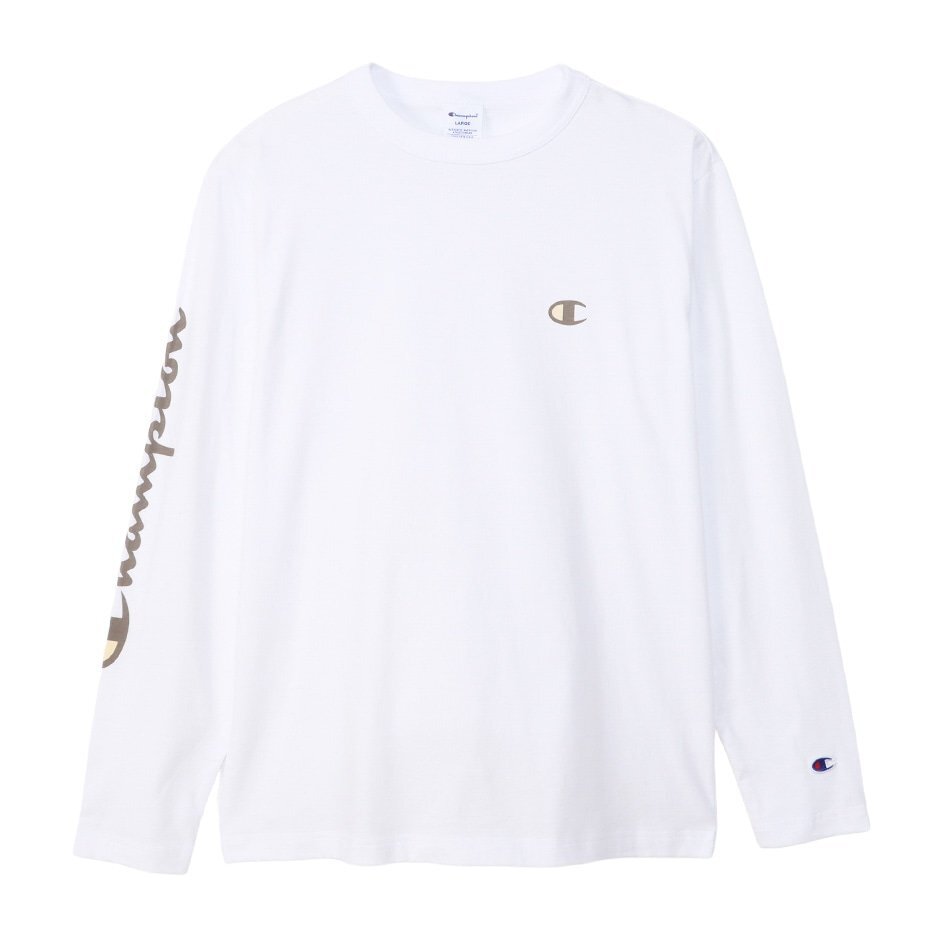 セール20% champion チャンピオン 左袖 champion プリント Tシャツ ロングスリーブ コットン USA 長袖 白 L C3-Z413 メンズ レディース拍卖