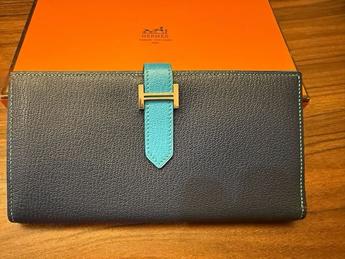 新品同様 HERMES エルメス べアンスフレ バイカラー 青 希少 マチ拍卖