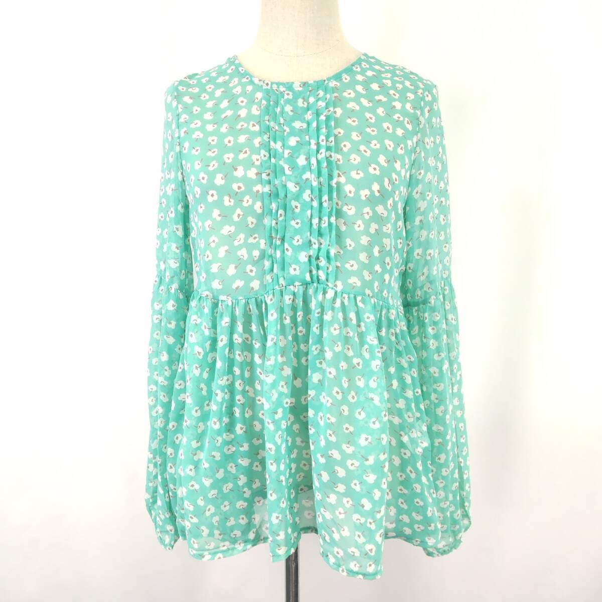 美品/フランス製★エジェリ EGERIE★長袖 ブラウス【レディースS-M程度/エメラルドグリーン/花柄】シースルー/Tops/Blouse◆BJ004-g拍卖