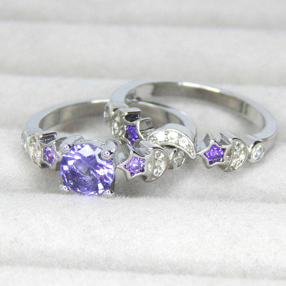 再入荷★残り1点★人気 豪華 13号 星&月 CZアメジストダイヤモンドリング シルバー925 プラチナ仕上 刻印有 ジルコニア レディース 指輪拍卖