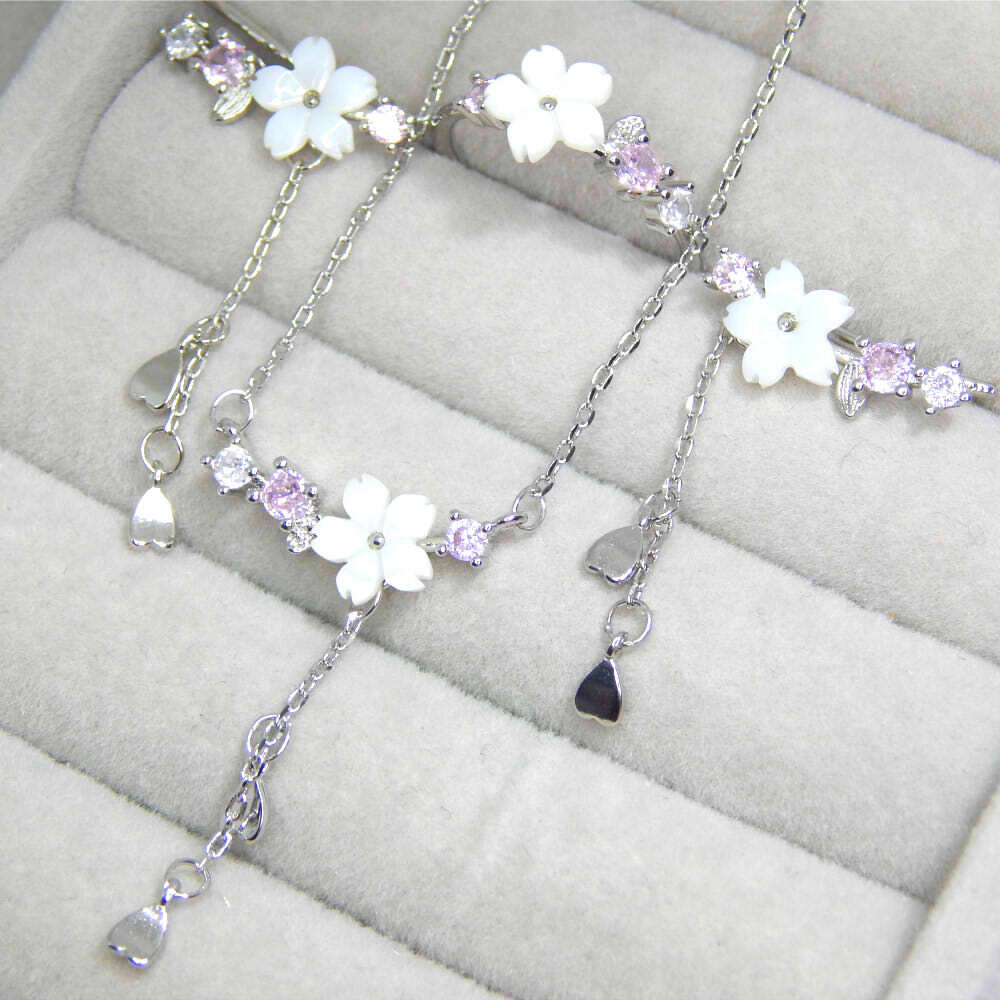 新品★送料無料 桜&揺れる花びら CZダイヤモンドネックレス&ピアス&リング レディースアクセサリー シルバー925 ジルコニア 指輪拍卖