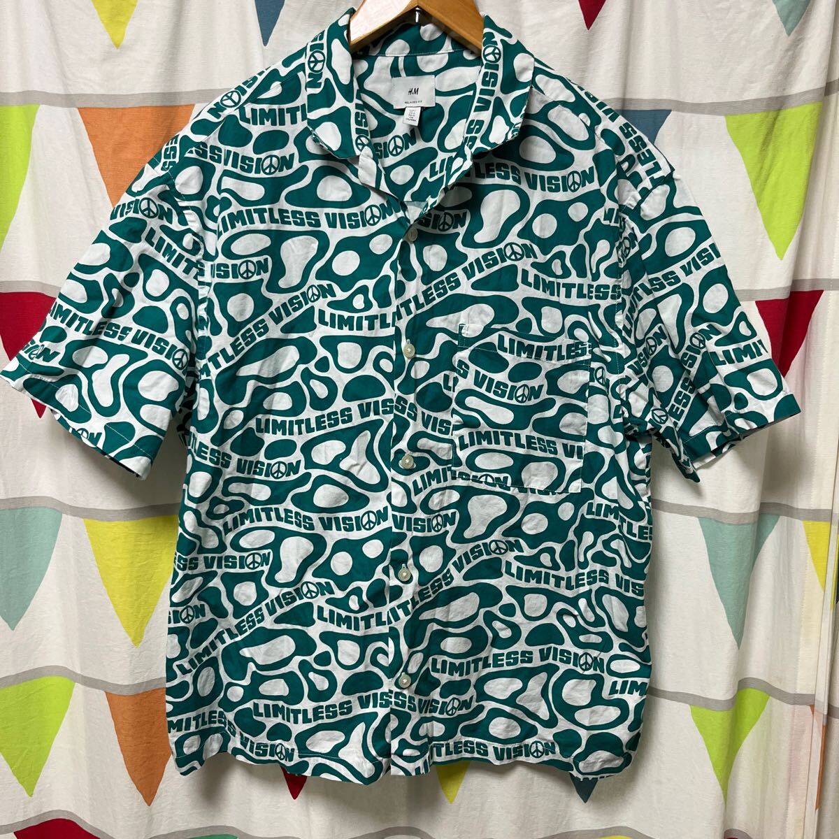 ヒッピー ピースマークPeace プリント 半袖シャツ 60's 70'sスタイル H&M Lサイズ拍卖