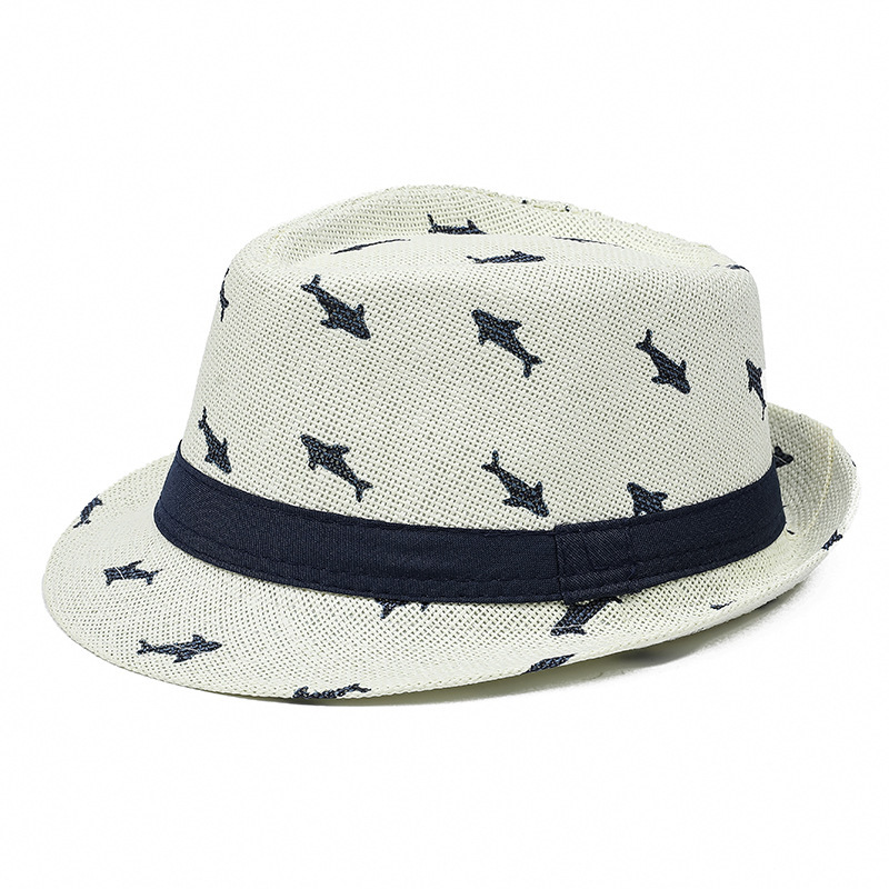 新品上質 ストローハット 魚柄フェドラハット アイボリート シンプル男女中折れハット パナマ ボルサリーノ 白お色選択可拍卖