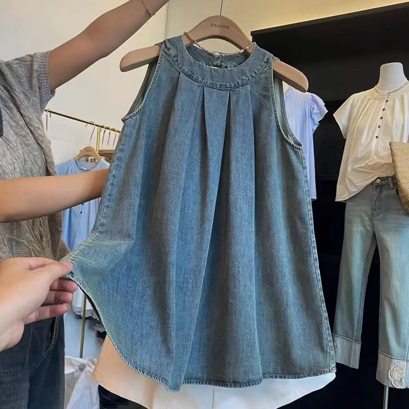 大人気シャツ デニム ノースリーブ レディース 大きいサイズ ブラウス デニムシャツ デニムベスト 春夏 タンクトップ 無地 薄手 (L-4XL)拍卖
