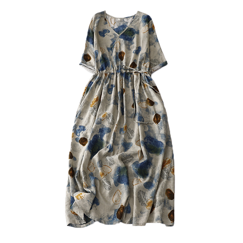 新品人気推薦ロングワンピース Vネック 花柄 ワンピース きれいめ 綿麻 大人 着痩せ プリント柄 Aライン ミモレ丈 ワンピース拍卖