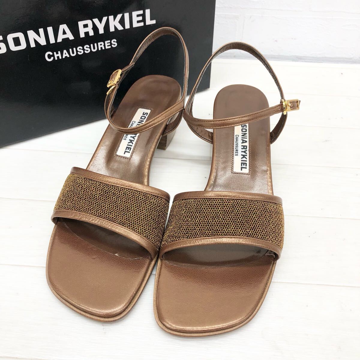 1772〓 SONIA RYKIEL CHAUSSURES ソニアリキエル アンクルストラップサンダル レディース サイズ37 ブロンズ 靴 シューズ カジュアル拍卖