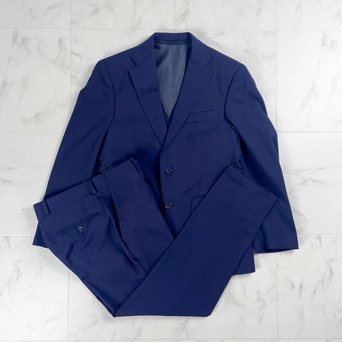 美品 LONNER ロナー ウール100% ストライプセットアップパンツスーツ テーラードジャケット 背抜き メンズ ネイビー 紺 サイズ94-A6*CD987拍卖