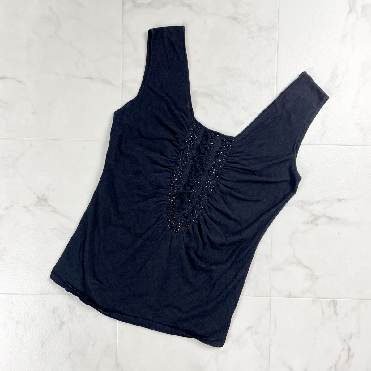 美品 ALBERTA FERRETTI アルベルタフェレッティ カシミヤ混 ビーズ刺繍ノースリーブニット トップス レディース ブラック 黒 サイズF*CD916拍卖