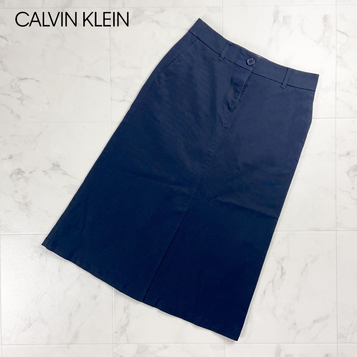 美品 Calvin Klein カルバンクライン Iラインストレッチナロースカート ロング丈 裏地なし ネイビー 紺 サイズ40*CD918拍卖