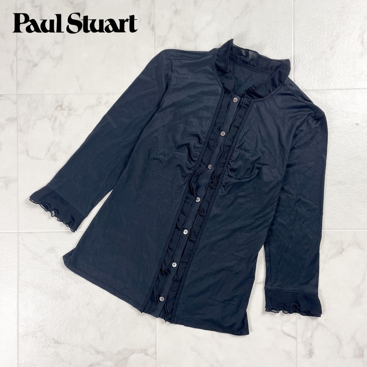 美品 Paul Stuart ポールスチュアート フリルデザインストレッチカットソー シャツ トップス レディース ブラック 黒 サイズ6*CD998拍卖