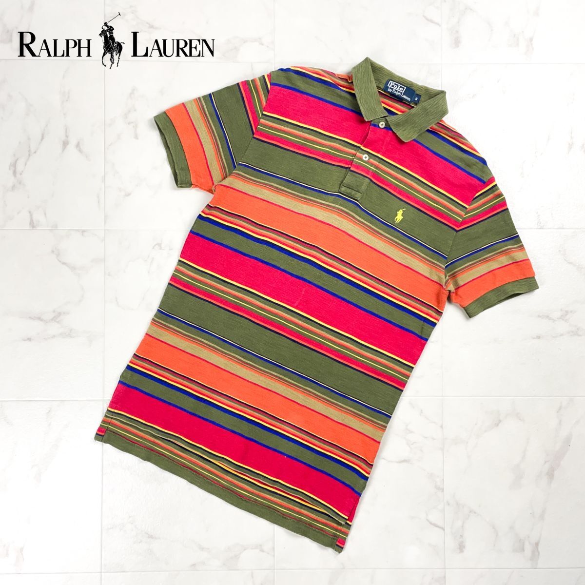 美品 POLO RALPH LAUREN ポロラルフローレン クレイジーボーダー半袖ポロシャツ ロング丈 メンズ マルチカラー カーキ サイズS*CD341拍卖