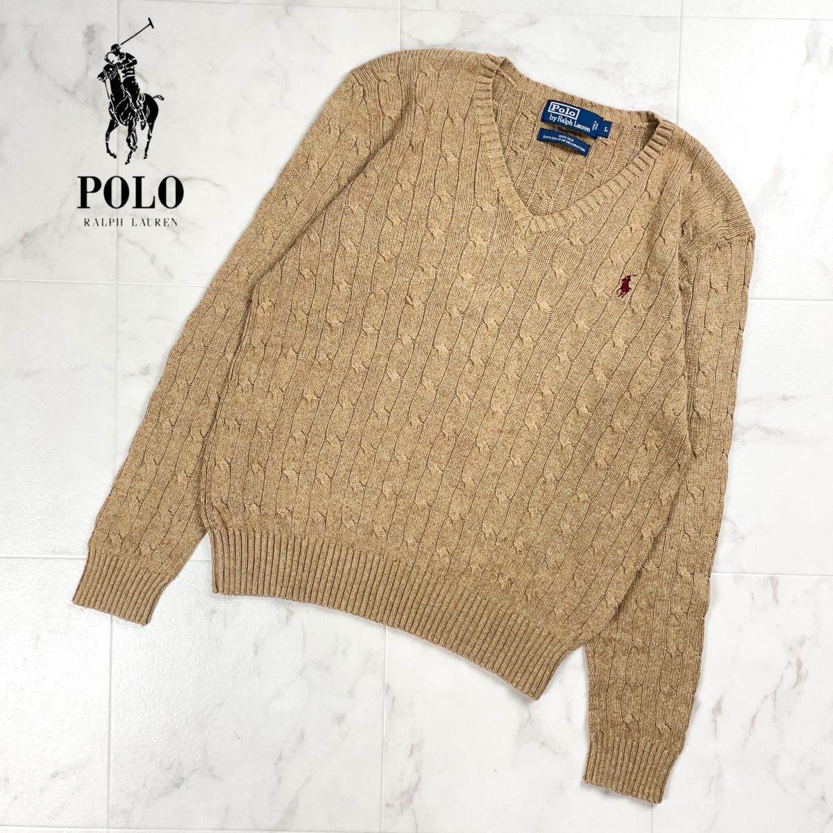 POLO RALPH LAUREN ポロラルフローレン シルク100% Vネックケーブルニット 長袖セーター レディース ブラウン 茶色 サイズL*CD344拍卖