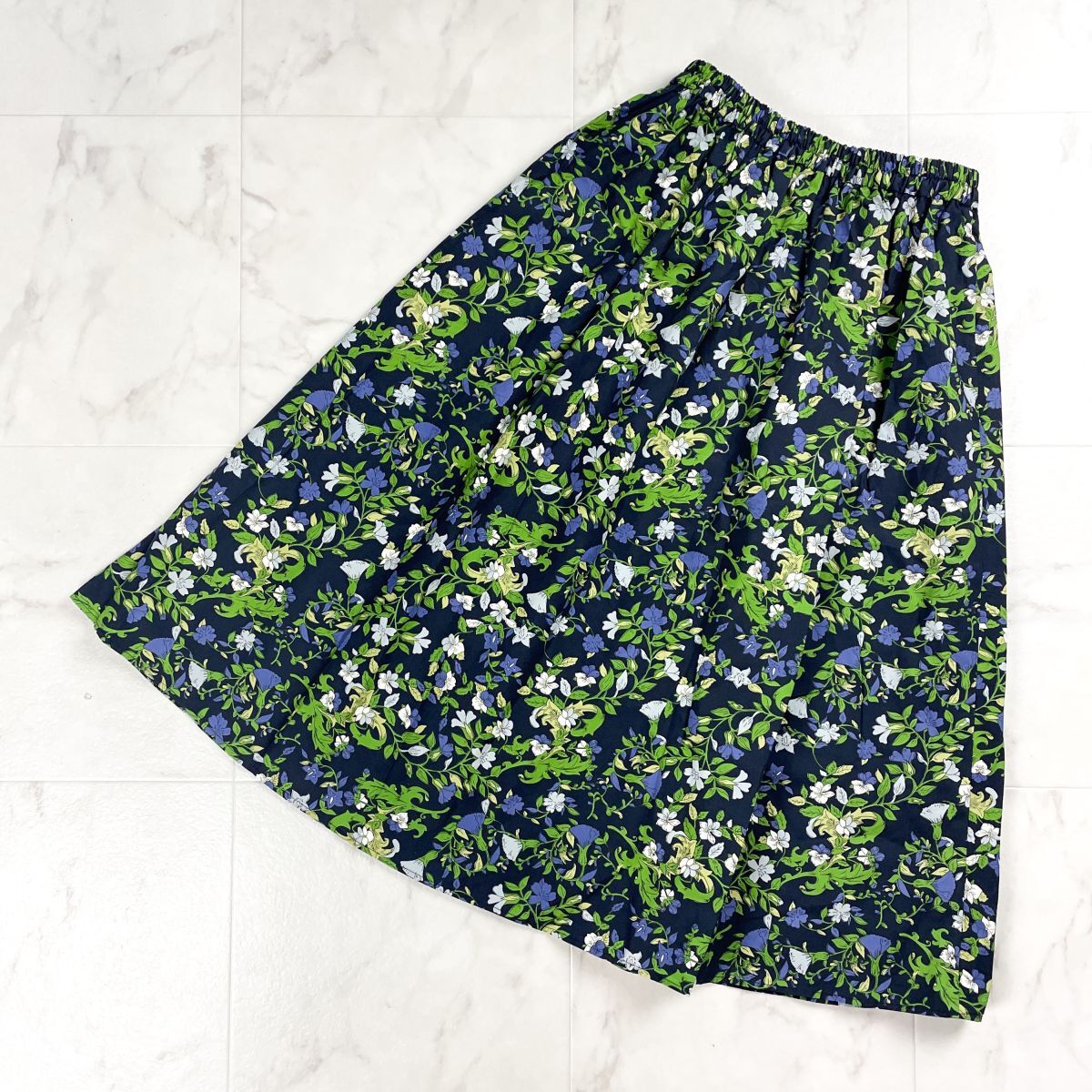 新品未使用タグ付 MURUA ムルーア retro flower 花柄フレアスカート ウエストゴム イージースカート ミモレ丈 ネイビー 紺 サイズS*CD351拍卖