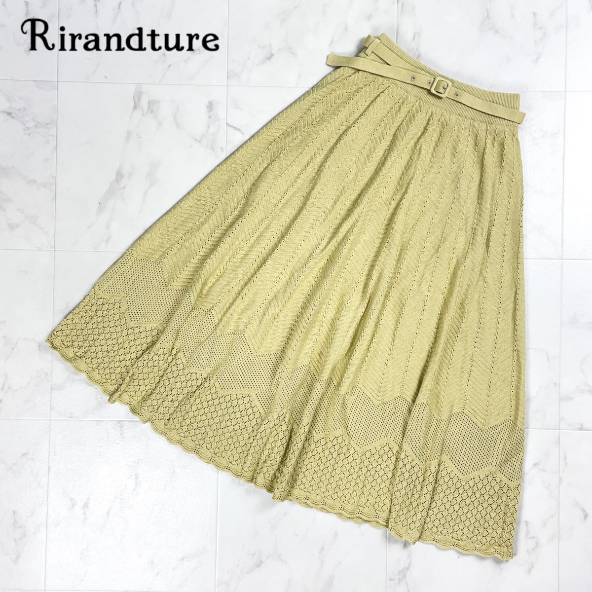 美品 Rirandture リランドチュール 柄編みニットフレアスカート ベルト付 裏地付 ミモレ丈 ロング丈 緑 グリーン イエロー サイズ1*CD359拍卖