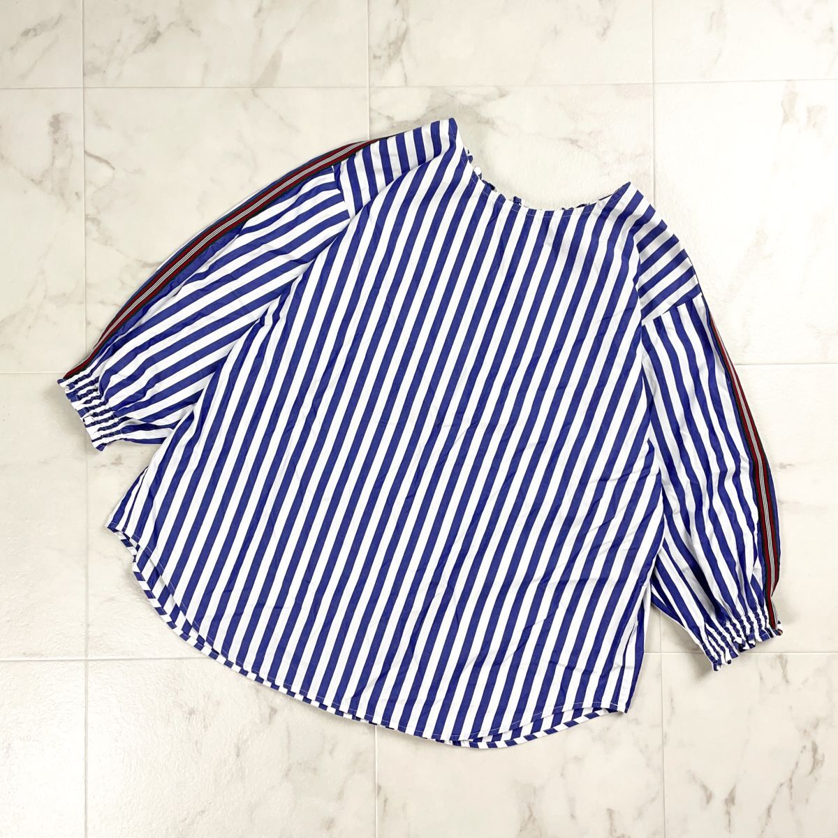 美品 Boutique Ordinary ブティークオーディナリー ストライプ七分袖ブラウス パフスリーブ シャツ レディース 青 ブルー サイズF*CD361拍卖