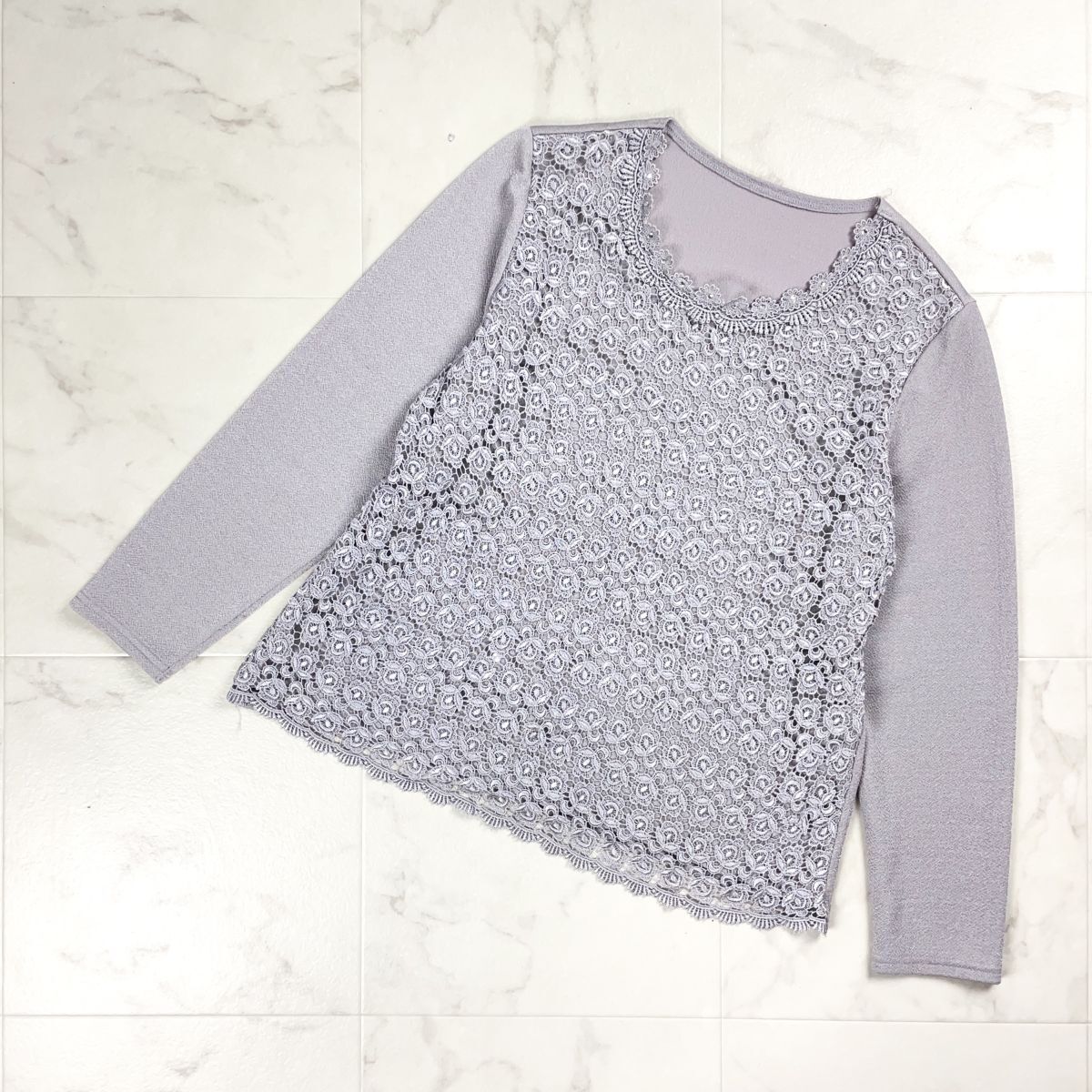 MISSEL ミゼール フラワーレース長袖カットソー ラインストーン クルーネック レディース 紫 パープル サイズ L*CD380拍卖