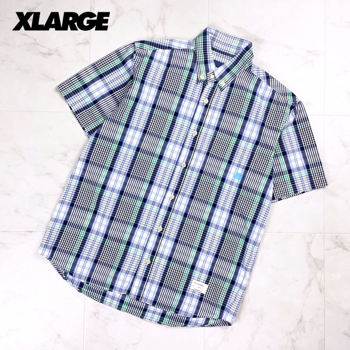 美品 XLARGE エクストララージ チェック柄半袖シャツ ボタンダウン ワイド メンズ 青 ブルー 緑 グリーン サイズM*CD381拍卖