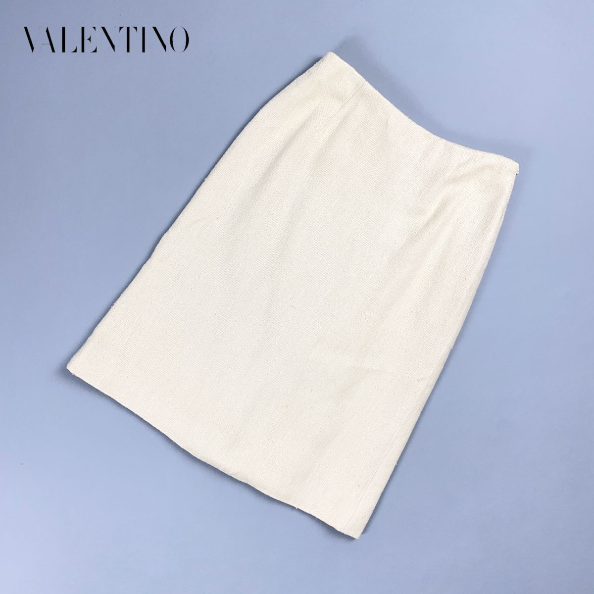 VALENTINO ヴァレンティノ シルクリネンタイトスカート 裏地付 膝丈 アイボリー 生成り サイズ6*CD384拍卖