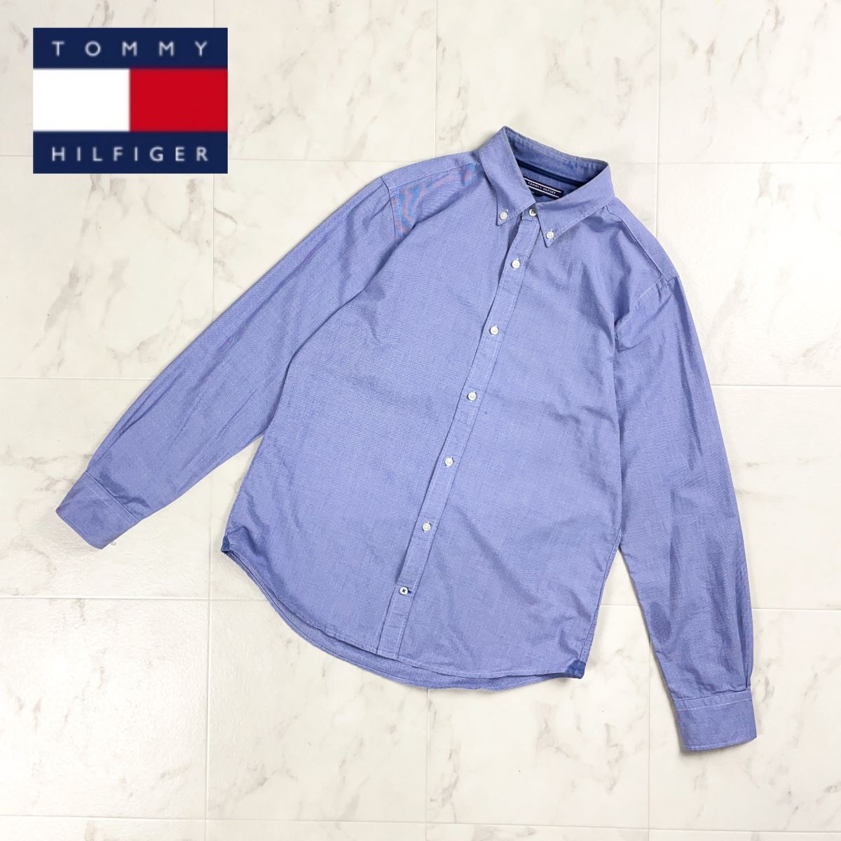 美品 TOMMY HILFIGER トミーフィルヒガー バックタックボタンダウンシャツ トップス メンズ ブルー 青 サイズL*CD1051拍卖
