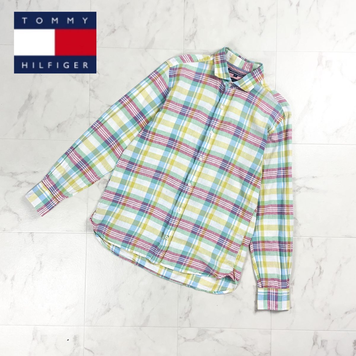 TOMMY HILFIGER トミーヒルフィガー ロングスリーブリネンコットンシャツ トップス メンズ マルチカラー サイズM*CD1065拍卖
